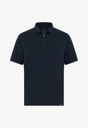 Marineblauw polo shirt van gestructureerde stof, met een korte rits bij de kraag, korte mouwen en een klein merklogo aan de zoom.