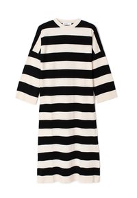 Gestreepte jurk met opvallende zwarte en crèmekleurige horizontale strepen, gebreide stof, ronde halslijn en driekwart mouwen.