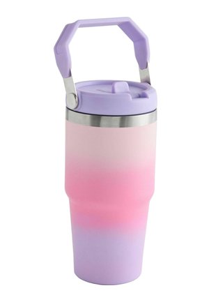 Bærbar isoleret rejsemug med gradient fra pink til lilla krop, lilla låg og sammenklappeligt lilla håndtag.