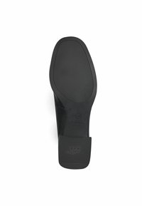 Svart skosula, slät yta med texturerat greppmönster, lätt klack, präglad logodetalj, storlek 37, ergonomisk design f ör komfort.