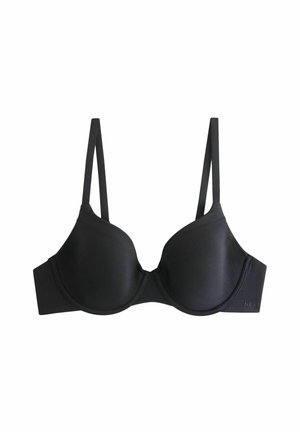 Schwarzer, gepolsterter BH mit verstellbaren dünnen Trägern, glatter Textur, Bügelunterstützung und nahtlosem Design. Markenaufdruck auf dem Seitenband sichtbar.
