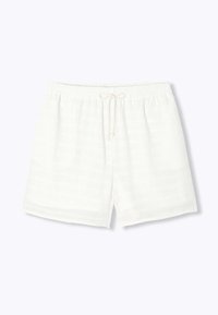 Shorts blancs en tissu tissé avec une taille élastique, détail de cordon de serrage et deux poches latérales. Tissu texturé avec un motif subtile.