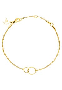 Goldfarbene, gedrehte Kettenarmband mit zwei miteinander verbundenen Kreisen. Enthält einen Karabinerverschluss und ein Markenetikett für sicheren Halt.