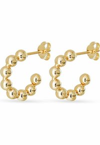 Guldörhängen med en serie av polerade sfäriska pärlor, med en säker stift- och fjädringklämma, som reflekterar ljus för att ge glans.