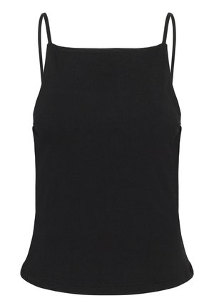 Črno brezrokavnik crop top z ozkimi naramnicami in ravnim izrezom na belem ozadju.