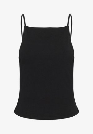 Črno brezrokavnik crop top z ozkimi naramnicami in ravnim izrezom na belem ozadju.