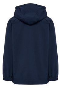 Marinblå hooded jacka med en smidig yta, elastiska manschetter och en avslappnad passform. Har en dragsko i huvan och rak fåll. Visas från baksidan.