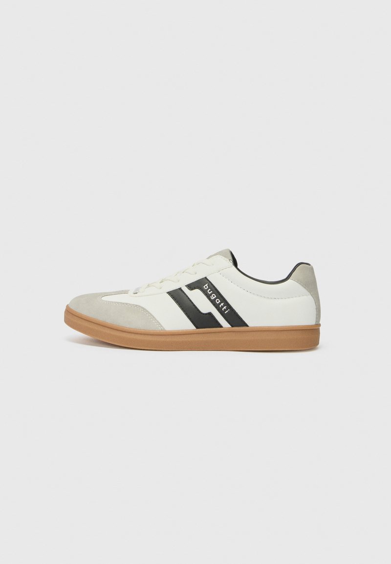 White and gray sneaker with black stripes. Made of smooth and suede materials, features a rubber sole and eyelet lace closure.