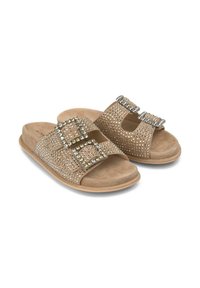 Tan slide sandalen met twee brede banden, versierd met rhinestones, zachte textuur inlegzolen en een ronde neus. Plat zoolontwerp.