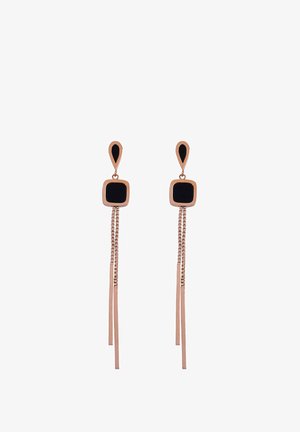 Roze gouden hangers met een teardrop bovenkant, vierkant zwart middenstuk en lange rechthoekige hangaccenten, met een gladde metaaltextuur.