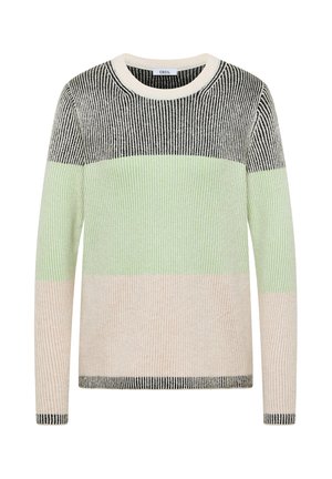 Stribet sweater med ribbet tekstur, rund hals, med lodrette striber i sort, lysegrøn og cremefarve.