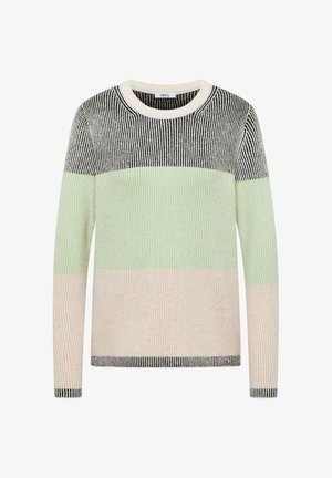 Suéter a rayas con textura acanalada, cuello redondo, con rayas verticales en colores negro, verde claro y crema.