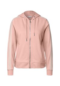 Felpa rosa con zip e cappuccio, caratterizzata da strisce laterali bianche, polsini a coste e una texture liscia. Comprende tasche frontali e una zip in metallo.