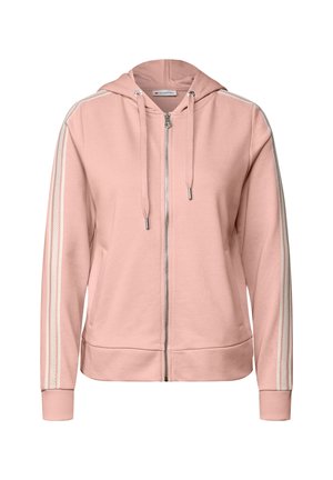 Roze zip-up hoodie met een capuchon, voorzien van witte zijstrepen, geribde manchetten en een gladde textuur. Bevat voorzakken en een metalen rits.