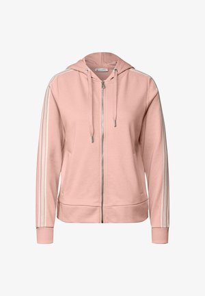 Różowa bluza z zamkiem błyskawicznym, z kapturem, z białymi paskami po bokach, ściągaczami przy rękawach i gładką fakturą. Posiada kieszenie z przodu i metalowy zamek.