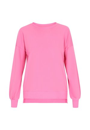 Rózsaszín hosszú ujjú pulóver puha anyagból, kerek nyakkal, esett vállakkal és bordázott mandzsettákkal és szegéllyel. Sima textúra, laza szabás.