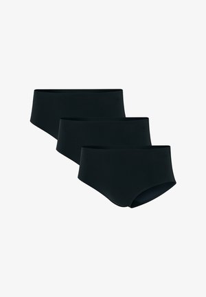 Zwarte sportbeha en bijpassende slipjes van een zachte stof. De beha heeft een vierkante halslijn; de shorts hebben een middenhoogte silhouet.