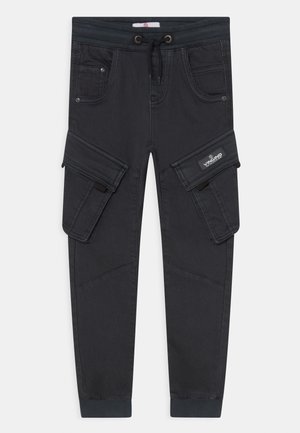 Pantalons cargo noirs avec une taille à cordon, deux poches avant et deux grandes poches latérales. Fabriqués en tissu doux et texturé.