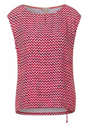 Blusa roja sin mangas con patrón geométrico en blanco y negro, escote redondo con pequeña abertura y dobladillo con cordón ajustable.
