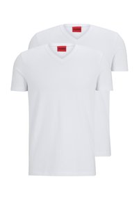 Two white v-neck t-shirts made of soft cotton. Features short sleeves, a clean cut, and prominent red logo label on the neckline.