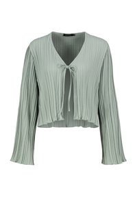 Light green pleated cropped jacket with long sleeves, v-neckline, and tie closure at the front. Soft fabric with a textured finish.