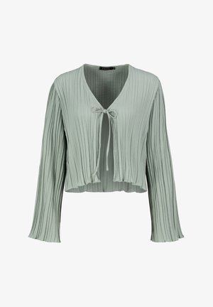 Light green pleated cropped jacket with long sleeves, v-neckline, and tie closure at the front. Soft fabric with a textured finish.
