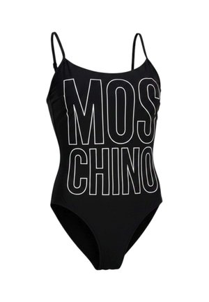 Costume intero nero con spalline sottili e scritta bianca in contorno in grassetto ""MOSCHINO"" sul davanti.