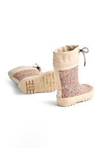 Stivaletti impermeabili corti con motivo floreale in tonalità di rosa sui lati, materiale in gomma beige e colletto con coulisse per regolazione.