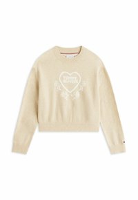 Beige, kurz geschnittenen Pullover aus weichem, strukturiertem Material. Mit einem weißen Herzen in der Mitte, auf dem "TOMMY HILFIGER" und florale Akzente stehen.
