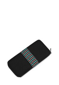Black zippered wallet with a textured surface, featuring a colorful zigzag patterned elastic band in teal, pink, and black.