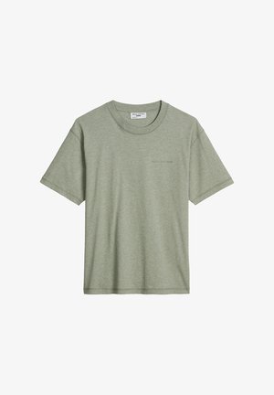 Light green short-sleeve crew neck T-shirt with subtle brand logo on chest and a small label inside the collar.