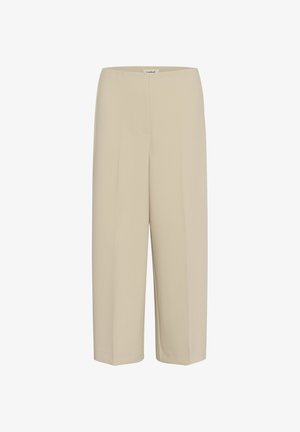 Beige bukser med brede ben, elastisk talje og glat stof. Designet har en ren, minimalistisk silhuet uden lommer.