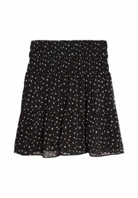 Schwarzer, gestufter Minirock mit kleinem weißen Blumenmuster und breitem, gerafftem Gummibund.