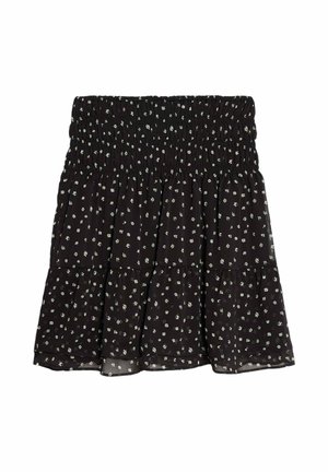 Zwarte getierde mini-jurk met kleine witte bloemenprint en brede elastische ruches waistband.