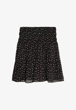 Zwarte getierde mini-jurk met kleine witte bloemenprint en brede elastische ruches waistband.