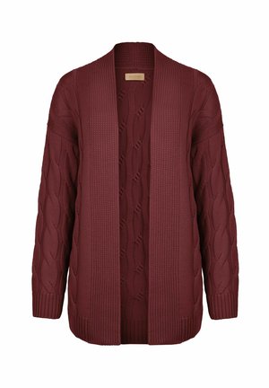 Cardigan lavorato a maglia borgogna con motivo a trecce, design aperto davanti e polsini e orlo a costine. Maniche lunghe con vestibilità rilassata.