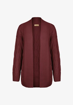 Bordeaux strikket cardigan med kabelstrik, åben frontdesign og ribbede manchetter og kant. Lange ærmer med afslappet pasform.