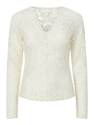 Cremefarbene langärmelige Spitzenbluse mit Blumenmuster und gewelltem V-Ausschnitt.