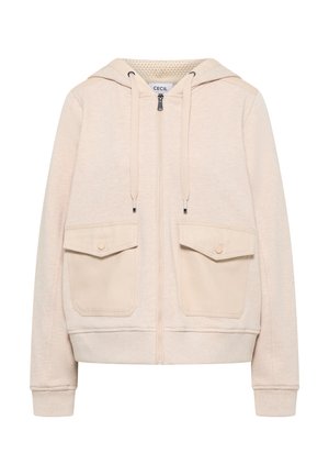Svetle béžová mikina s kapucí na zip, vybavená dvěma předními nasazovanými kapsami, šňůrkami na stažení a žebrovanými manžetami. Měkká textura.