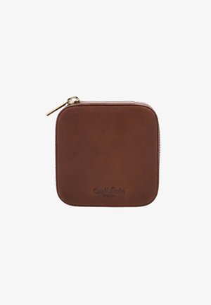 Brown leather zippered wallet, square shape, smooth texture, embossed logo on the front, gold zipper hardware. Minimalist design.