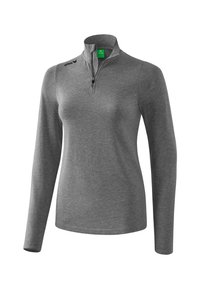 Pullover grigio a maniche lunghe con colletto a zip fino a un quarto, texture morbida e logo sulla spalla sinistra. Ideale per sovrapposizioni o per attività sportive.