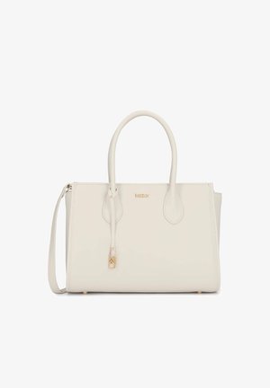 Cream-colored leather handbag with two handles, a detachable shoulder strap, and small gold brand logo and decorative charm.