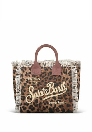 Borsa tote marrone con stampa leopardata, bordi sfrangiati, manici marroni e testo "The place to be Saint Barth Summer Paradise" sul davanti.