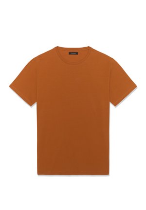 Kurzärmeliges T-Shirt mit Rundhalsausschnitt aus baumwollstoff in verbranntem Orange, mit klarem Design und glatter Textur, versehen mit minimalen Nahtdetails.