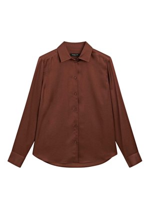 Chemise marron à manches longues avec un col classique, fermeture par boutons à l'avant et texture lisse. Présente un ourlet arrondi et des poignets à boutons.
