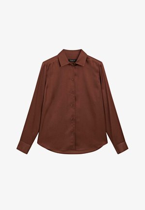 Brown long-sleeve shirt with a classic collar, front button closure, and smooth texture. Features rounded hem and buttoned cuffs.