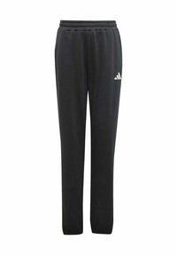 Zwarte joggingsbroek van zacht materiaal, met een elastische tailleband en een wit Adidas-logo op de linker dij. Recht gesneden ontwerp.