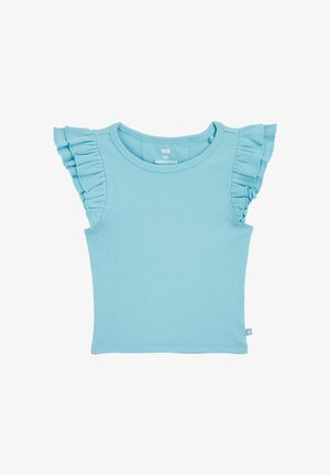 Svetlo modra rebrasta majica brez rokavov z nabranimi rokavi in okroglim izrezom. Mehak material, prilegajoč dizajn, z majhnim logotipom na strani.