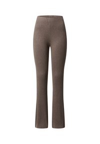 Ribbad, mörkbrun byxor med en utsvängd design och ett elastiskt midjeband, som erbjuder en texturerad finish och en figurnära silhuett.