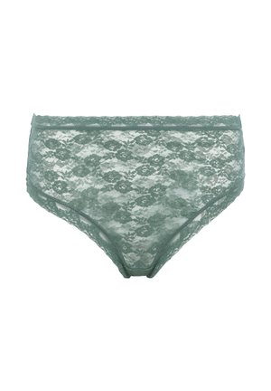 Žalios nėriniuotos kelnaitės su aukštu juosmeniu, gėlių raštais, banguotais kraštais ir minkšta tekstūra, skirtos komfortui ir elastingumui.